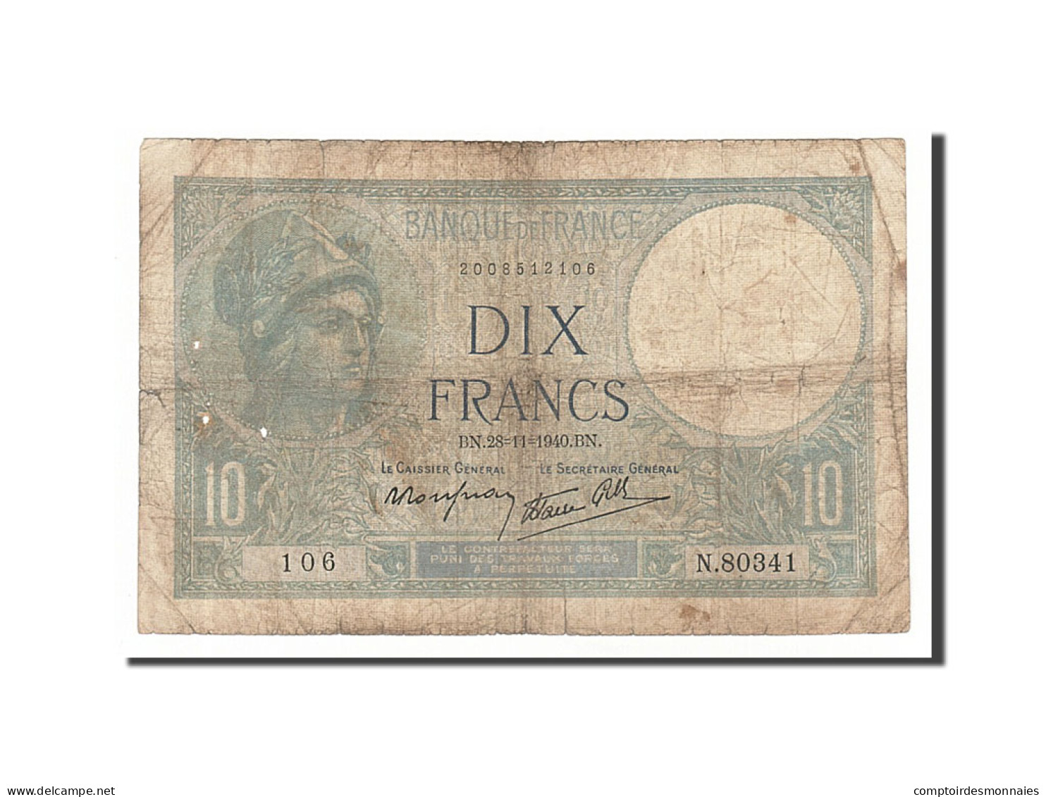 Billet, France, 10 Francs, 10 F 1916-1942 ''Minerve'', 1940, 1940-11-28, B+ - 10 F 1916-1942 ''Minerve''