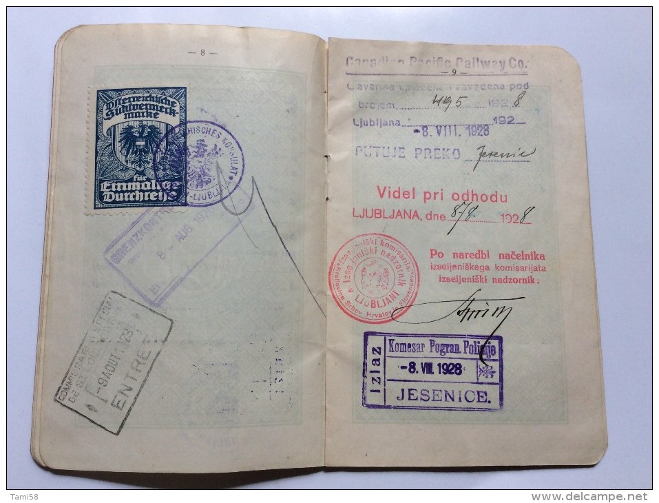 PASSEPORT D'EMIGRANT  PASSPORT REISEPASS  1928. KINDOM OF  SHS  CROATIA SLOVENIA SERBIA  - SKOFJA LOKA  - VISA TO CANADA - Historical Documents