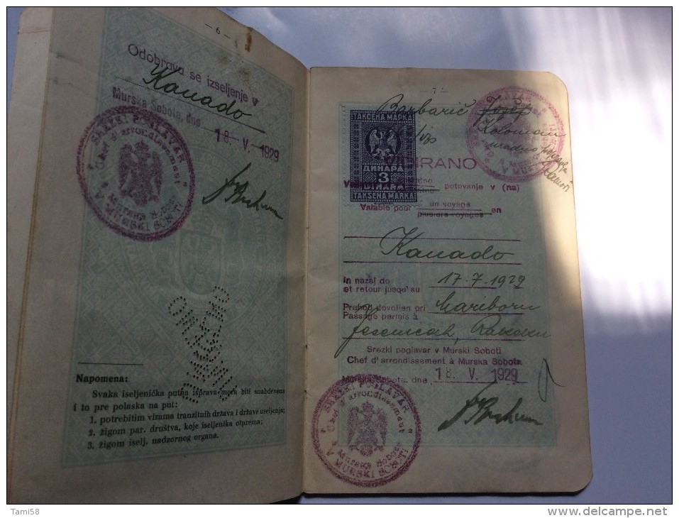 PASSEPORT D'EMIGRANT  PASSPORT REISEPASS  1928. KINDOM OF  SHS  MURSKA SOBOTA      VISA TO: CANADA - Documents Historiques