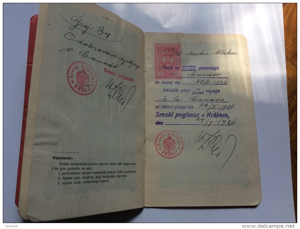 PASSEPORT D´EMIGRANT  PASSPORT REISEPASS  1928. KINDOM OF  SHS  KRSKO KRŠKO     VISA TO: CANADA , FRANCE - Historische Dokumente