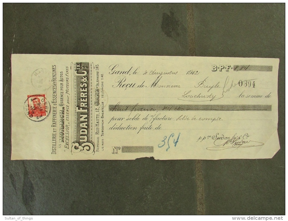 Facture Invoice Reçu Gent Gand Sudan Frères Hoogstraat Rue Haute Esseces Pour Autos 1912 - 1900 – 1949