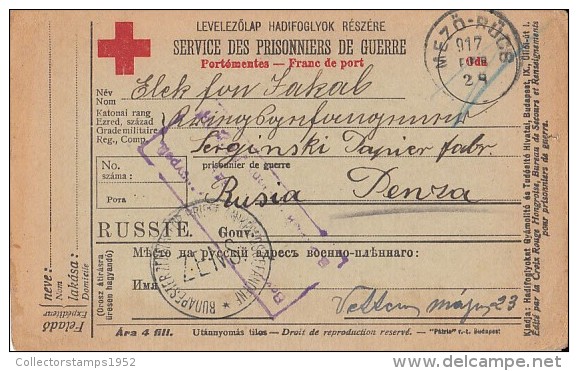17901- WAR PRISONERS CORRESPONDENCE, CENSORED, FROM TRANSYLVANIA TO PENZA-RUSSIA, RED CROSS, 1917, HUNGARY - Storia Postale