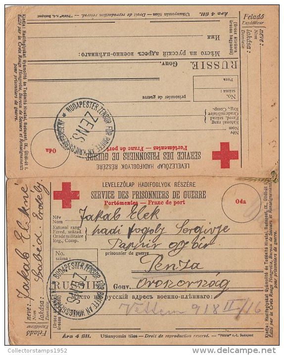 17915- WAR PRISONERS CORRESPONDENCE, CENSORED, FROM TRANSYLVANIA TO PENZA-RUSSIA, RED CROSS, 2X STITCHED, 1918, HUNGARY - Covers & Documents