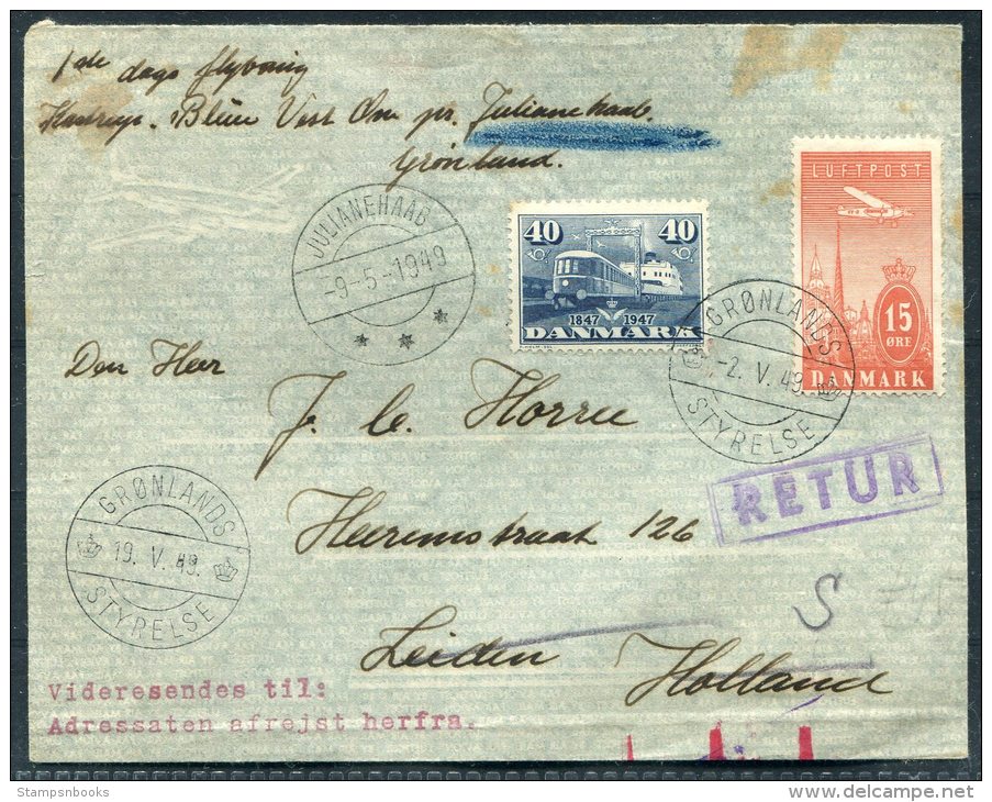 1949 Greenland Denmark Copenhagen Gronlands Styrelse Julianehaab Blue West One First Flight Cover - Briefe U. Dokumente