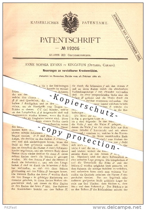 Original Patent - Anne Sophie Evans In Kingston , Ontario, Kanada , 1882 , Verstellbare Krankenstühle , Krankenbett !!! - Kingston