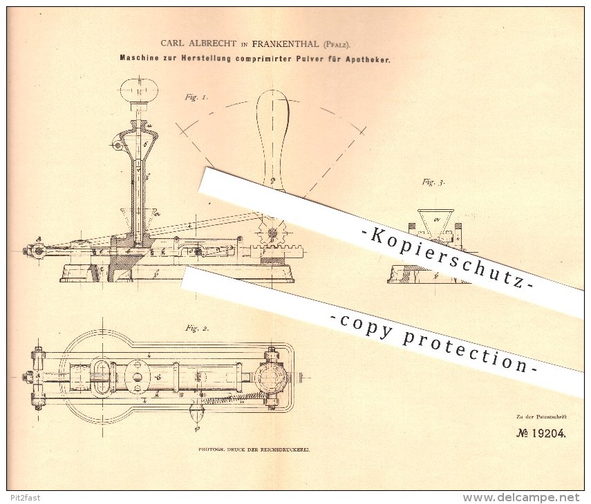 Original Patent - Carl Albrecht In Frankenthal , 1882 , Herstellung Komprimierter Pulver Für Apotheker , Apotheke !!! - Frankenthal