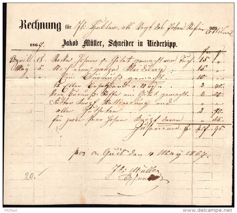 Alte Rechnung , Jakob Müller In Niederbipp  1867 , Schneider !!! - Niederbipp
