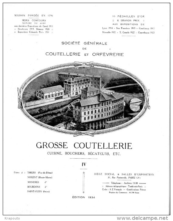 Catalogue D'usine Ancien  1934 De La Société Générale Coutellerie Et Orfèvrerie - Autres & Non Classés