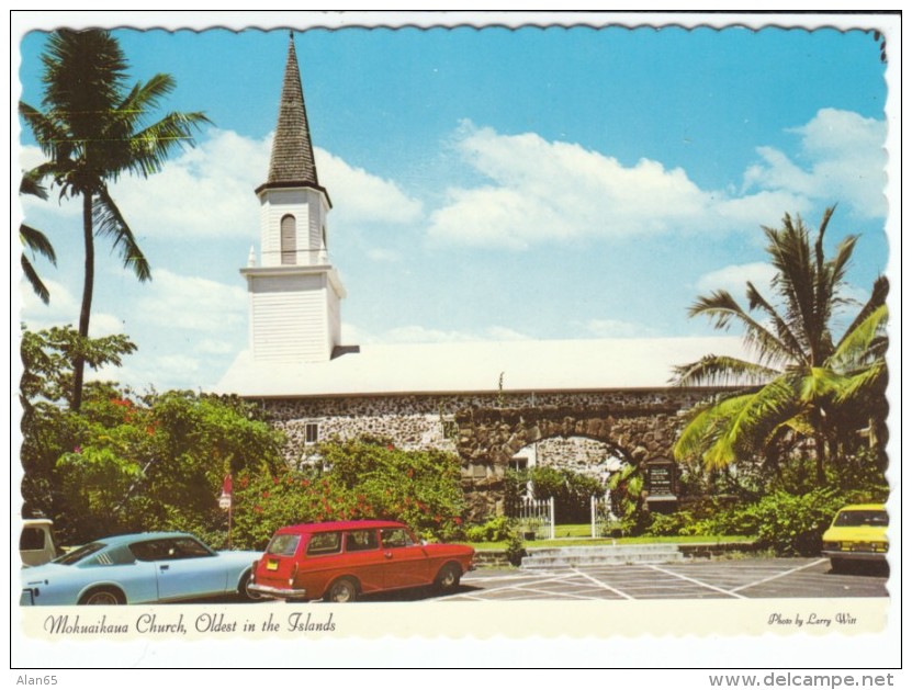 Kailua Kona Hawaii, Mokuaikaua Church Oldest Church On Islands, Volkswagen Autos, C1970s Vintage Postcard - Big Island Of Hawaii