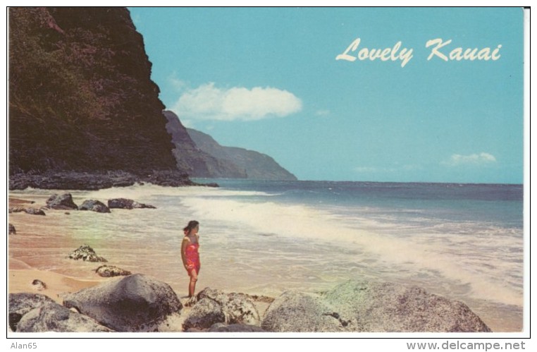 Kauai Hawaii, Napali Cliffs Woman On Beach, C1950s Vintage Postcard - Kauai