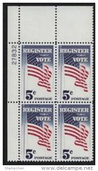 Plate Block -1964 USA Register And Vote Stamp Sc#1249 Flag Star - Numéros De Planches