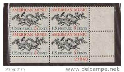 Plate Block -1964 USA American Music Stamp Sc#1252 Lute Horn Laurel Oak Music Score - Numéros De Planches