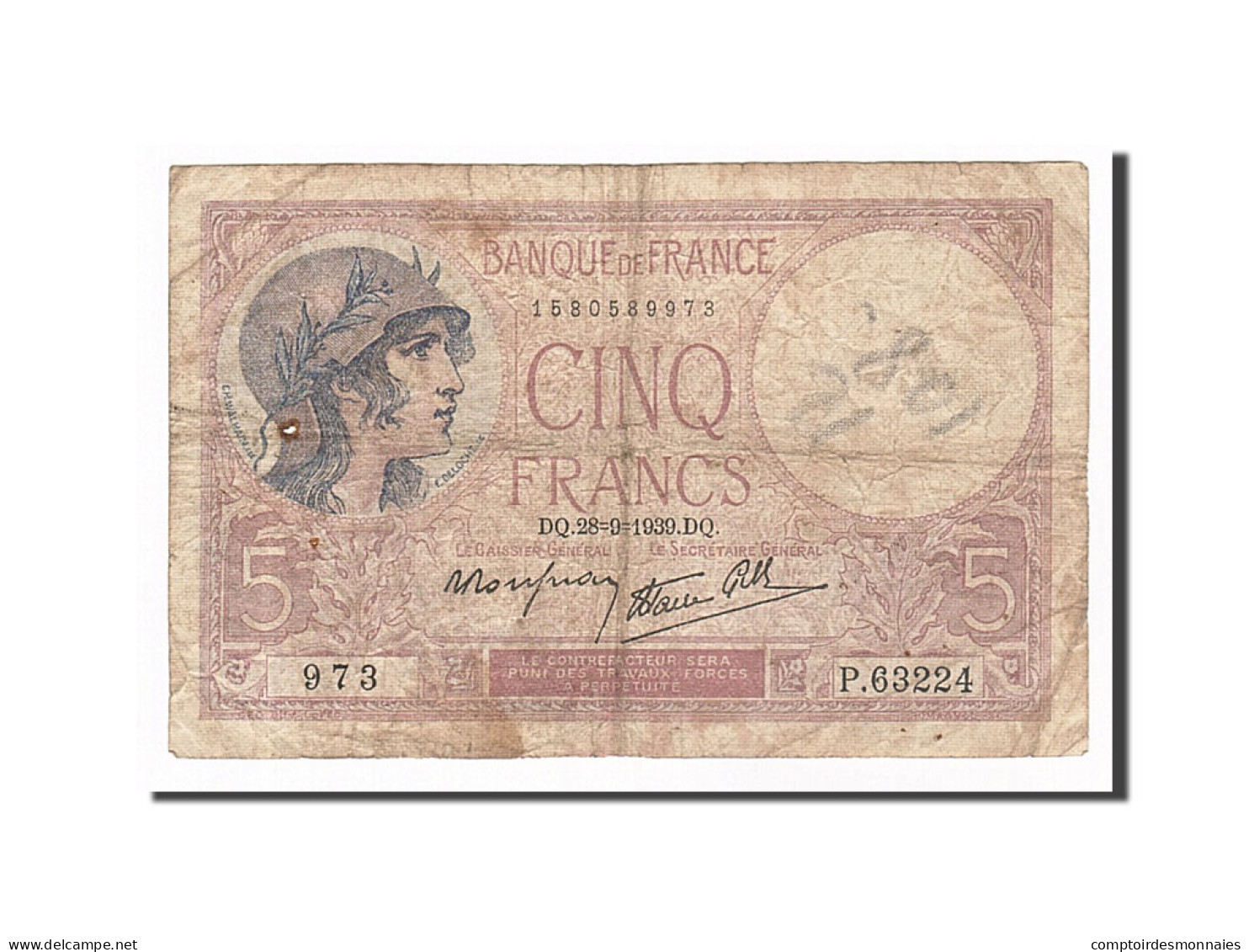 Billet, France, 5 Francs, 5 F 1917-1940 ''Violet'', 1939, 1939-09-28, B - 5 F 1917-1940 ''Violet''