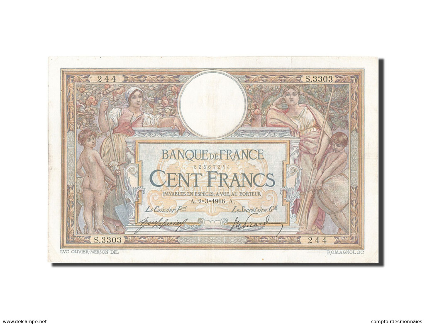 Billet, France, 100 Francs, 100 F 1908-1939 ''Luc Olivier Merson'', 1916 - 100 F 1908-1939 ''Luc Olivier Merson''