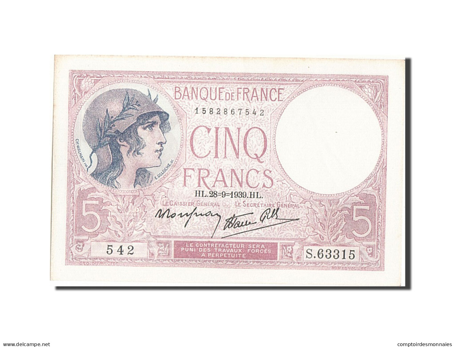 Billet, France, 5 Francs, 5 F 1917-1940 ''Violet'', 1939, 1939-09-28, SPL - 5 F 1917-1940 ''Violet''