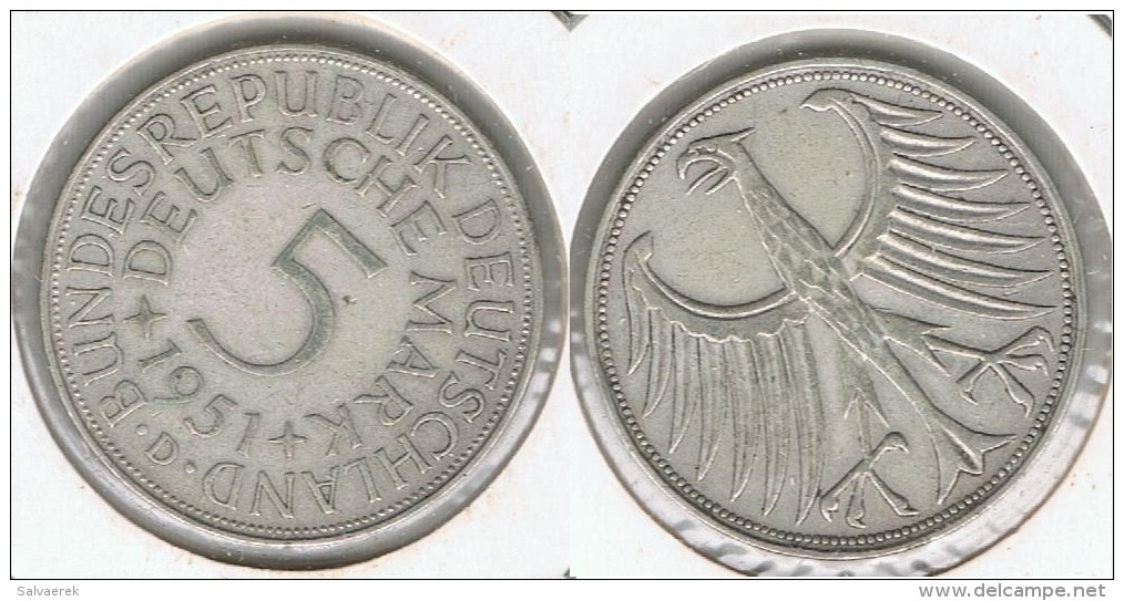 ALEMANIA DEUTSCHE 5 MARK MARCOS 1951 D PLATA SILBER - 5 Marcos