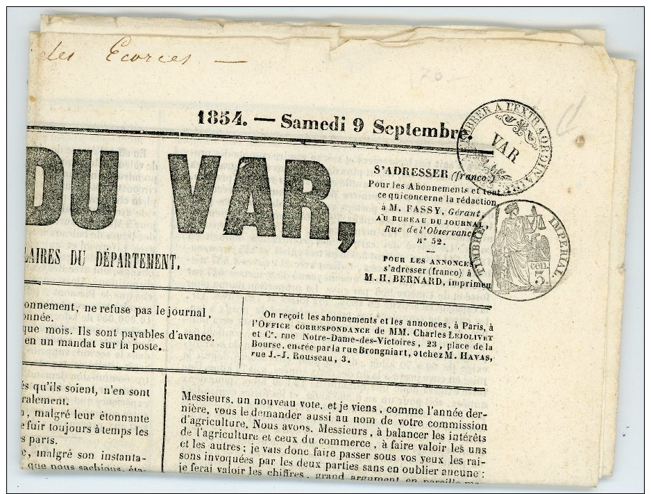L'UNION DU VAR 9 SEPTEMBRE 1854 FISCAL TIMBRER A L EXTRAORDINAIRE VAR - Zeitungsmarken (Streifbänder)
