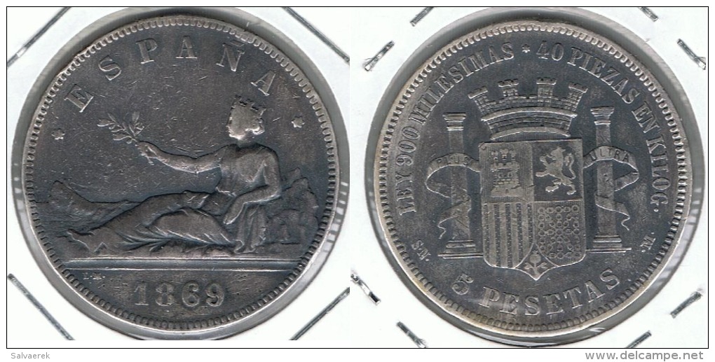 ESPAÑA I REPUBLICA 5 PESETAS 1869 COPIA MONEDA TRUCADA SOBRE MONEDA BUENA PLATA SILVER - Otros & Sin Clasificación