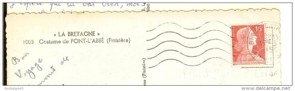 1003 Jean - Costumes  De Pont-L´Abbé -Garçon - Timbre Verso Martianne Muller Rouge 1956 - Pont L'Abbe