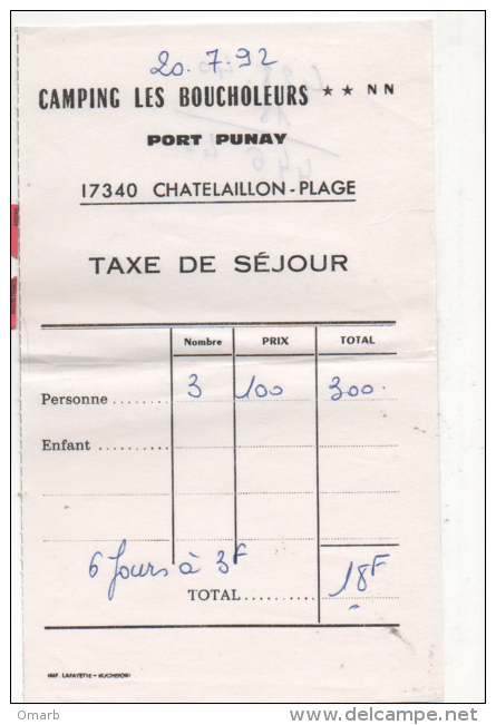 Alt705 Taxe Sejour Camping Les Boucholeurs Port Punay France Chatelaillon Plage Fattura Tassa Di Soggiorno 1992 - Sport & Tourismus