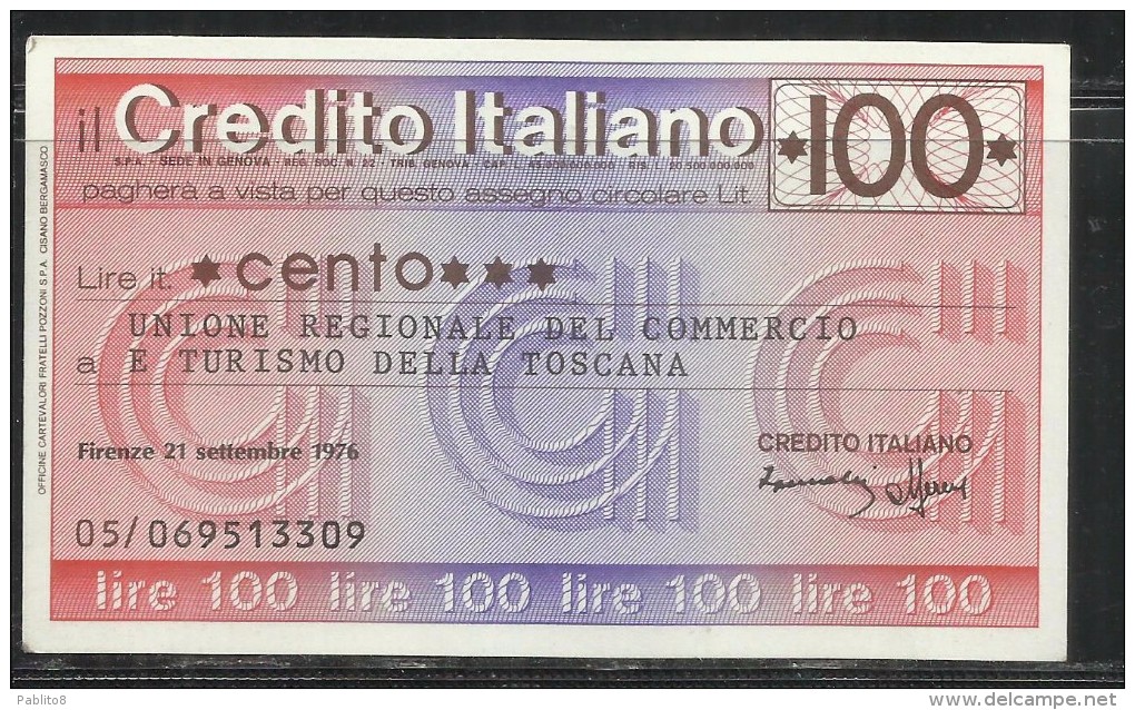 ITALIA MINIASSEGNO CREDITO ITALIANO LIRE 100 UNIONE REGIONALE DEL COMMERCIO E TURISMO TOSCANA FIRENZE 21 SETTEMBRE 1976 - [10] Cheques Y Mini-cheques