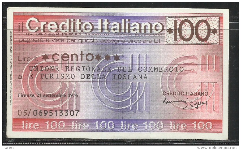 ITALIA MINIASSEGNO CREDITO ITALIANO LIRE 100 UNIONE REGIONALE DEL COMMERCIO E TURISMO TOSCANA FIRENZE 21 SETTEMBRE 1976 - [10] Cheques Y Mini-cheques