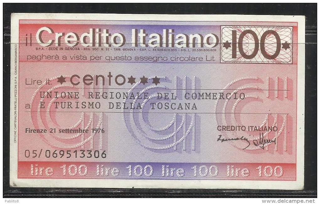 ITALIA MINIASSEGNO CREDITO ITALIANO LIRE 100 UNIONE REGIONALE DEL COMMERCIO E TURISMO TOSCANA FIRENZE 21 SETTEMBRE 1976 - [10] Assegni E Miniassegni