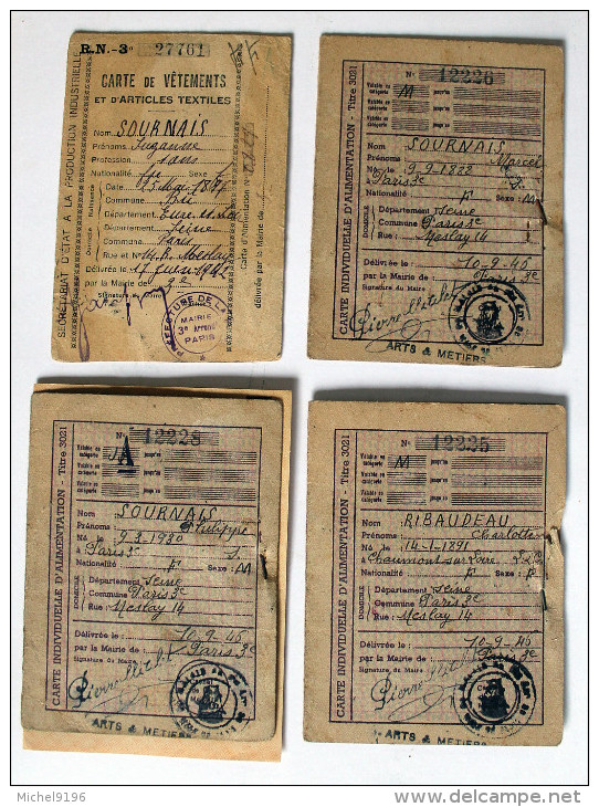 RATIONNEMENT - CARTES D´une Famille Rue Meslay 1942 Et 46 +tickets - PARIS 3ème - Documents Historiques