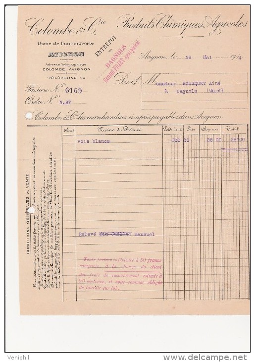 FACTURE- COLOMBE ET CIE -AVIGNON - PRODUITS CHIMIQUES AGRICOLES  ANNEE 1914 - Landwirtschaft