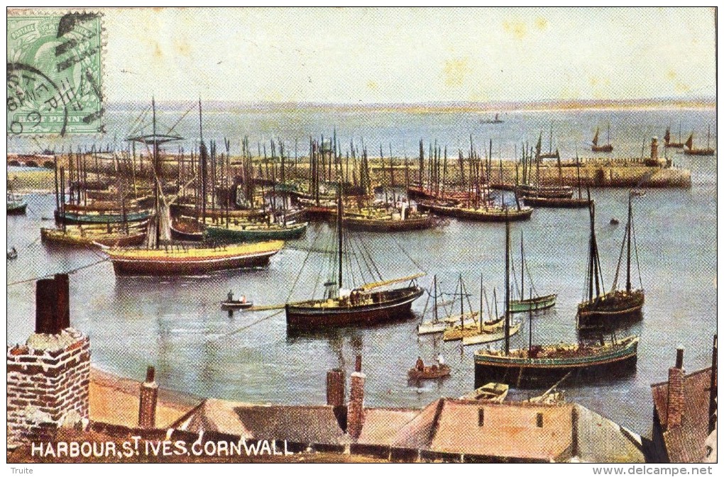 HARBOUR SAINT-IVES CORNWALL CARTE COLORISEE RARE - St.Ives