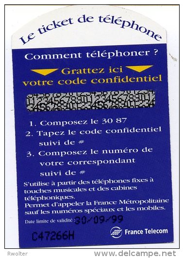 @+ Ticket France Telecom Privé : Votre Agence 3 Mn - 30/09/99 - Neuf (Ref : G3C) - Tickets FT