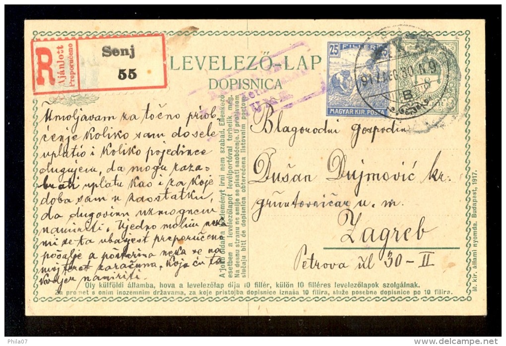 Hungary, Croatia - Stationery Sent By Registered Mail From Senj To Zagreb 1917. Censored With 'Fiume' Censorship. - Otros & Sin Clasificación