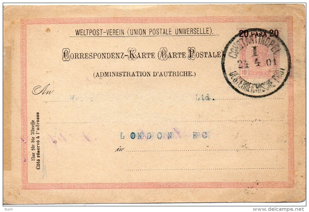 LEVANT AUTRICHIEN ENTIER POSTAL CONSTANTINOPEL POUR LA GRANDE BRETAGNE 1901 - Levant Autrichien