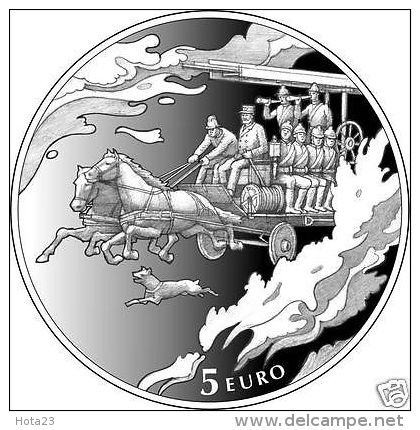 Latvia 5 Euro Coin 2015 Latvian Fire Fighting 150 Year Fireman Fire Engine Truck HORSE AND HUND  Proof - Letonia