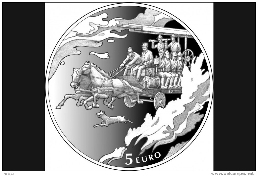 Latvia 5 Euro Coin 2015 Latvian Fire Fighting 150 Year Fireman Fire Engine Truck HORSE AND HUND  Proof - Latvia