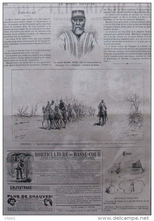 Colonel Maximo Perez, Chef De L'insurrection De L'Uruguay  - Page Original 1882 - Documents Historiques