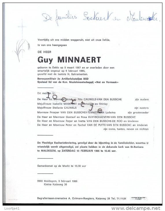 Doodsbrief Devotie Militair Guy Minnaert - 1967 - Ongeval 1986 - Maldegem - Décès