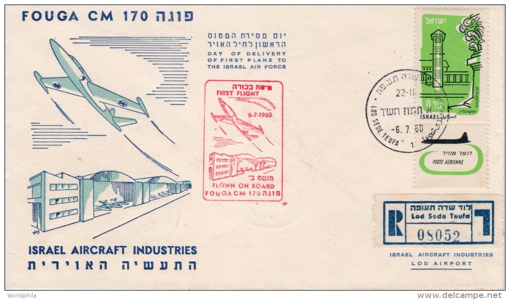 Israel FFC / First Flight Cover 1960- "Fouga CM 170-Israel Aircraft Industries" Registered Envelope. - Airplanes