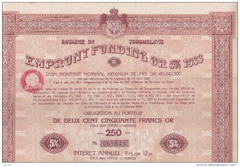 Obligation Au Porteur De 250 Francs Or .  ROYAUME DE YOUGOSLAVIE . Emprunt Funding Or 5% 1933 - Banque & Assurance
