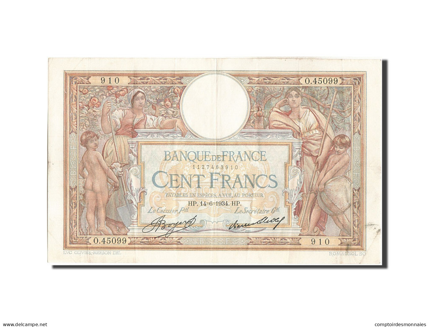 Billet, France, 100 Francs, 100 F 1908-1939 ''Luc Olivier Merson'', 1934 - 100 F 1908-1939 ''Luc Olivier Merson''