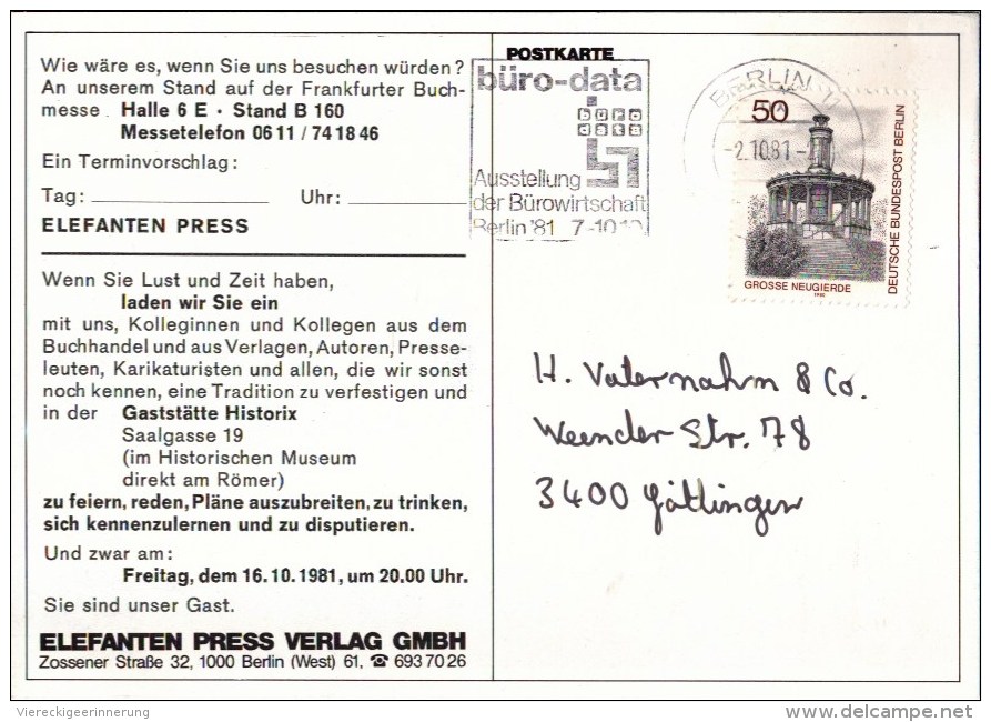 ! Werbekarte Verlag Elefanten Press, Elefanten, Elephants, Berlin, Einladung Zur Frankfurter Buchmesse 1981 - Elefanti