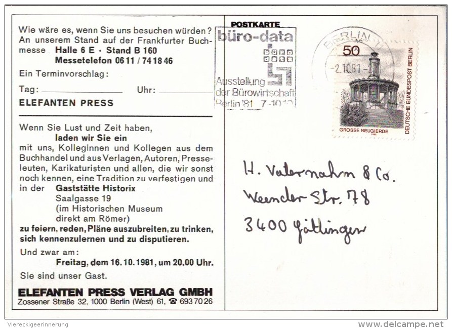 ! Werbekarte Verlag Elefanten Press, Elefanten, Elephants, Berlin, Einladung Zur Frankfurter Buchmesse 1981 - Éléphants