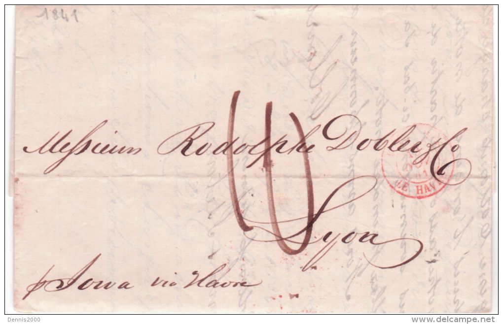 1841- Lettre De New York Pour Lyon -entrée Au Havre -Forwarded - 1801-1848: Vorläufer XIX