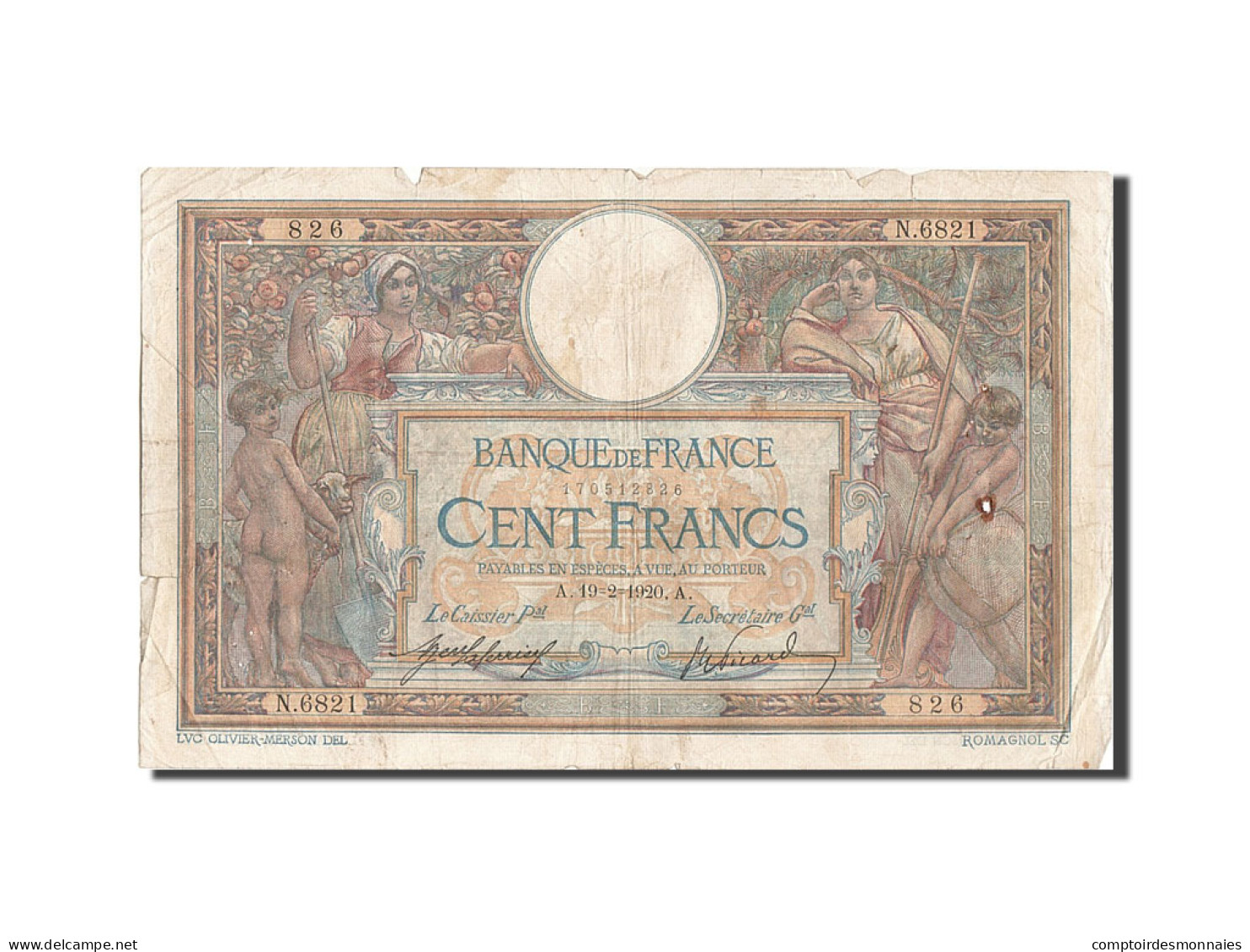 Billet, France, 100 Francs, 100 F 1908-1939 ''Luc Olivier Merson'', 1920 - 100 F 1908-1939 ''Luc Olivier Merson''