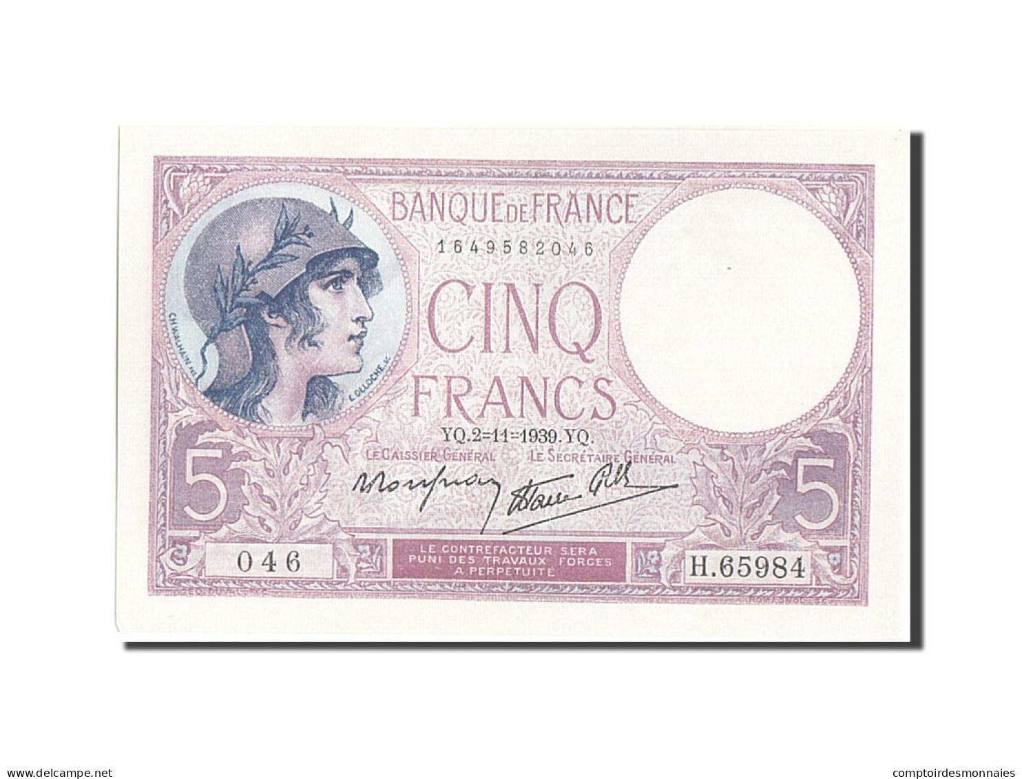 Billet, France, 5 Francs, 5 F 1917-1940 ''Violet'', 1939, 1939-11-02, SUP+ - 5 F 1917-1940 ''Violet''