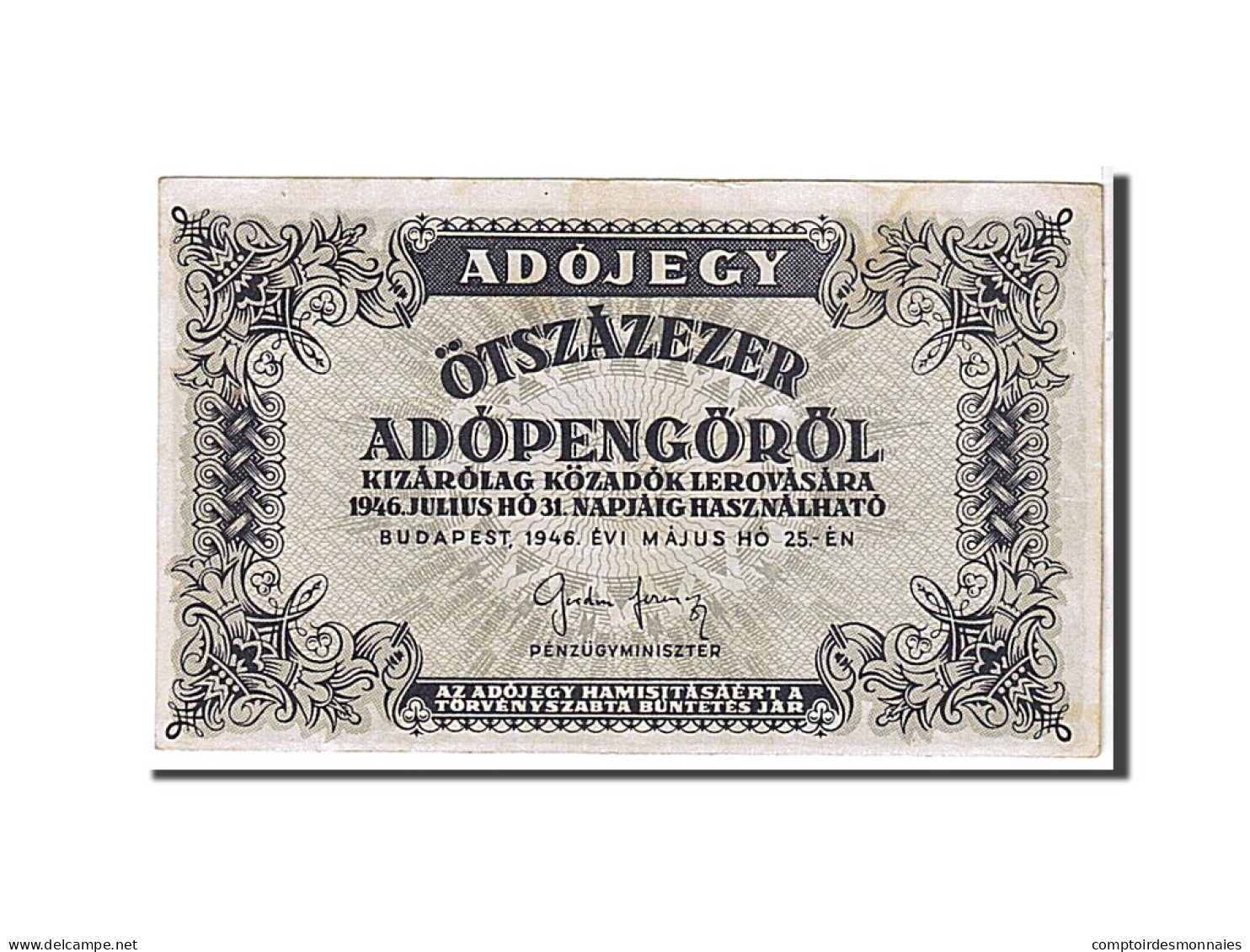 Billet, Hongrie, 500,000 (Ötszazezer) Adópengö, 1946, KM:139b, TTB+ - Ungarn