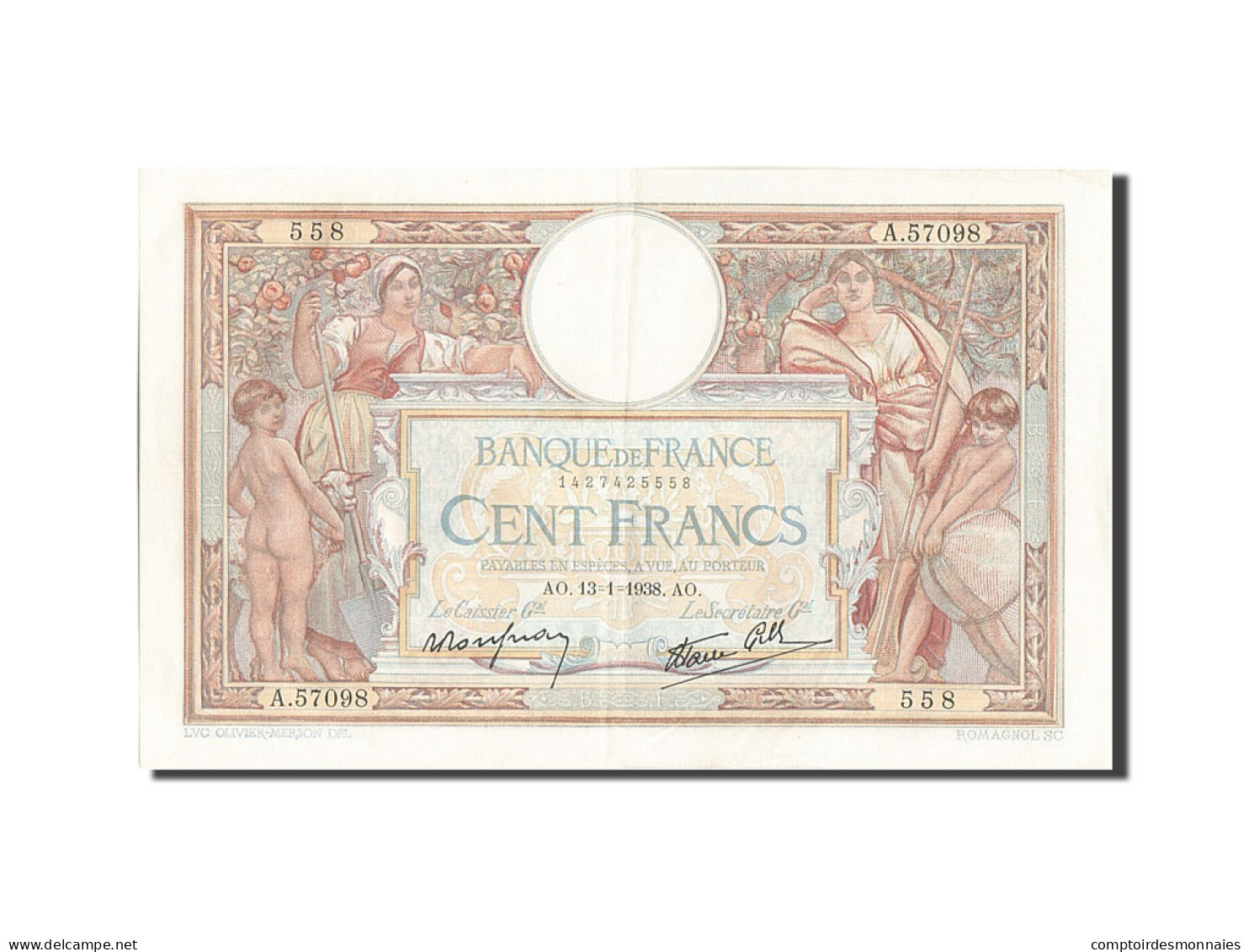 Billet, France, 100 Francs, 100 F 1908-1939 ''Luc Olivier Merson'', 1938 - 100 F 1908-1939 ''Luc Olivier Merson''