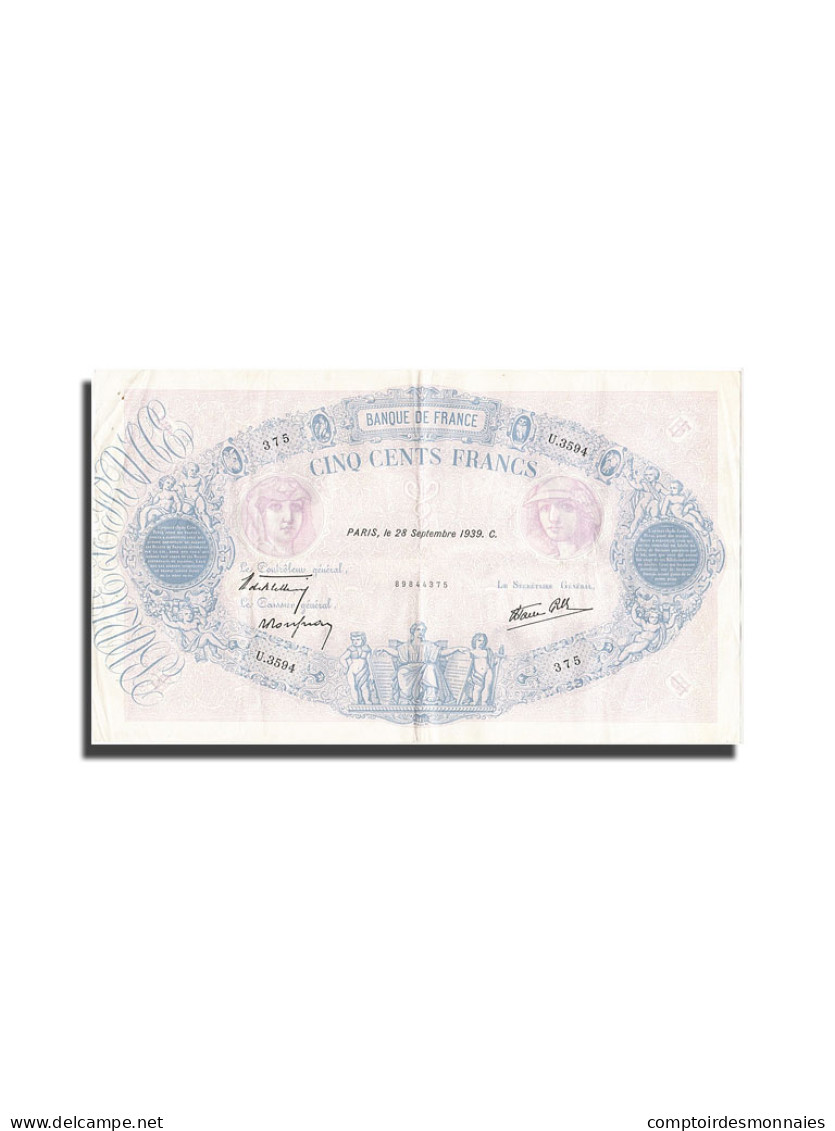 Billet, France, 500 Francs, 500 F 1888-1940 ''Bleu Et Rose'', 1939, 1939-09-28 - 500 F 1888-1940 ''Bleu Et Rose''