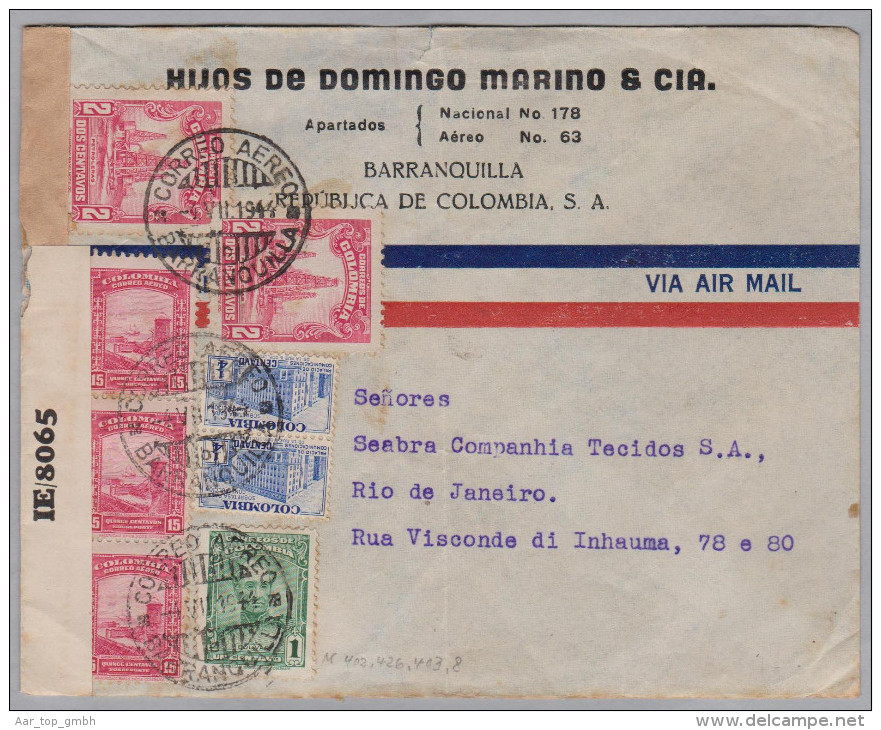 Kolumbien 1944-07-04 Barranquilla Zensur Flugpost Brief Nach Rio - Colombie