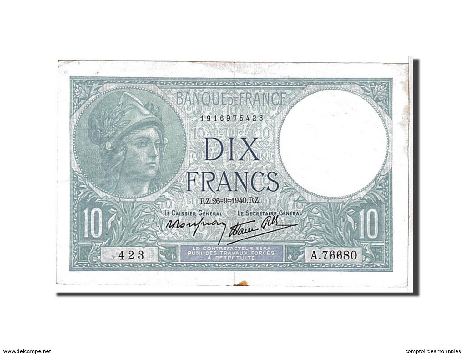 Billet, France, 10 Francs, 10 F 1916-1942 ''Minerve'', 1940, TTB, Fayette:7.15 - 10 F 1916-1942 ''Minerve''